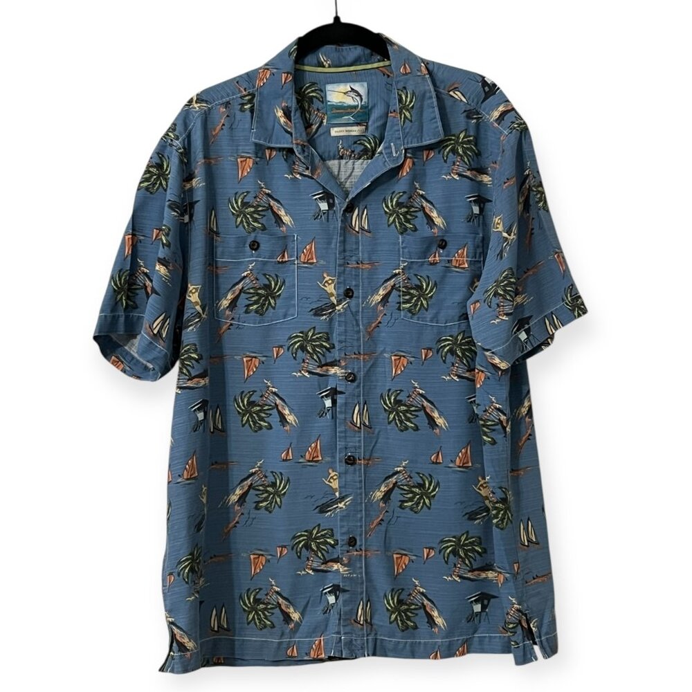 Tommy Bahama Men's L Hawaiian Shirt 100% Silk Blue Plam Tree Sailboat Surf Aloha